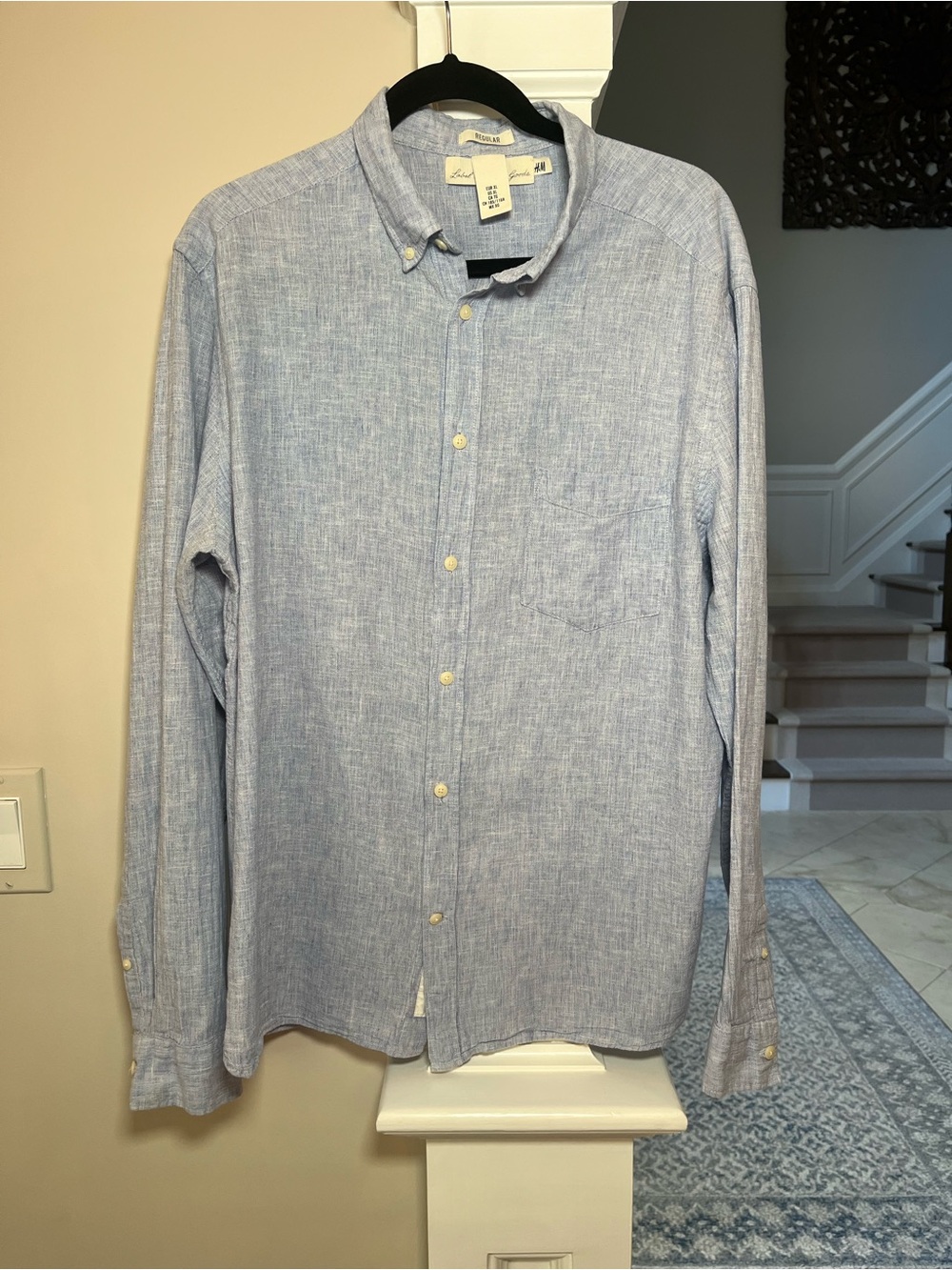 H&M L.O.G.G. Men’s XL Linen Cotton Button Down Shirt Blue Regular Fit
